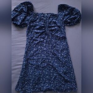 SHEIN Navy Blue Floral Midi Dress with White Print